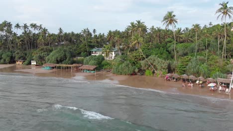 Schwenkbare-Drohnenansicht-Des-üppigen-Dschungels-Und-Des-Sandstrands-In-Sri-Lanka