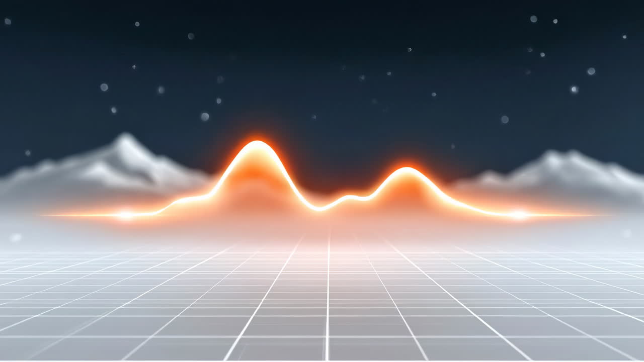 Glowing peaks in sound waves. A glowing sound wave peaks in a digital landscape with a dark backdrop and snowy mountain outlines