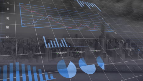 Animation of data processing and diagrams over cityscape