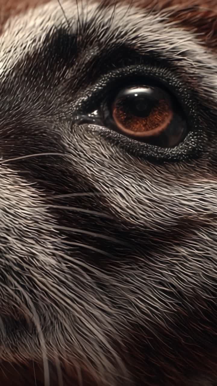 Primo Piano dell'Occhio di un Procione che Rivelava Dettagli Intricati della Pelliccia e Notevoli Motivi di Colore con un'Intensa Emozione Catturata nel Design della Natura