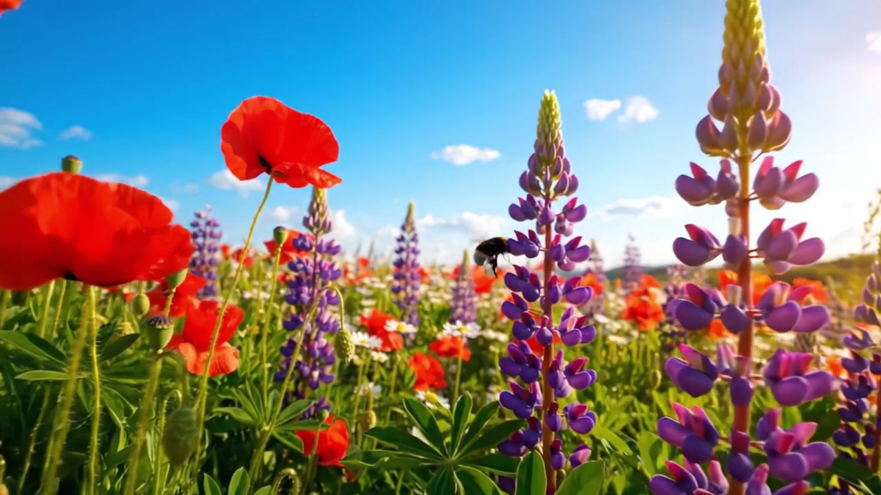 Prato vibrante in piena fioritura: una colorata esposizione di papaveri, margherite e lupini sotto un cielo azzurro brillante con nuvole leggere.
