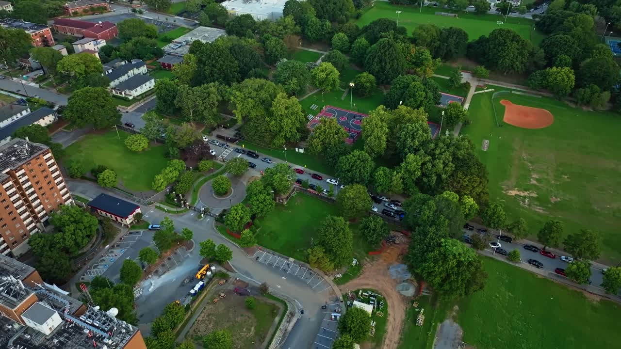Central Park basketball court, soccer fields, Urban park playground, Atlanta green neighbourhood, Georgia, Fourth West, Aerial