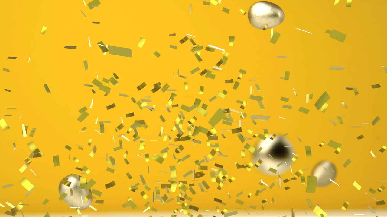 황금 콘페티와 황금으로 감싸진 초콜릿 부활절 달이 노란색 배경에 떨어지는 애니메이션