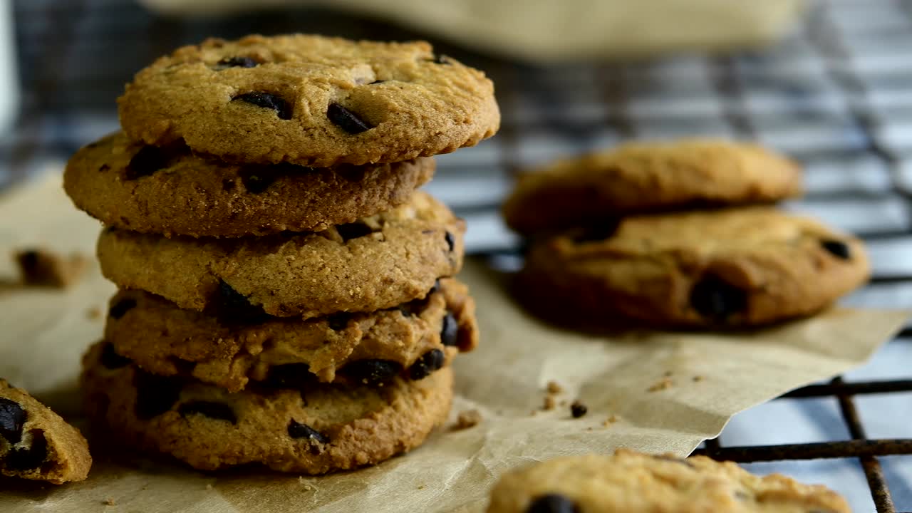 Chocolate Chip Cookies And Glass Of Milk For Breakfast. 4k Close-Up Shot