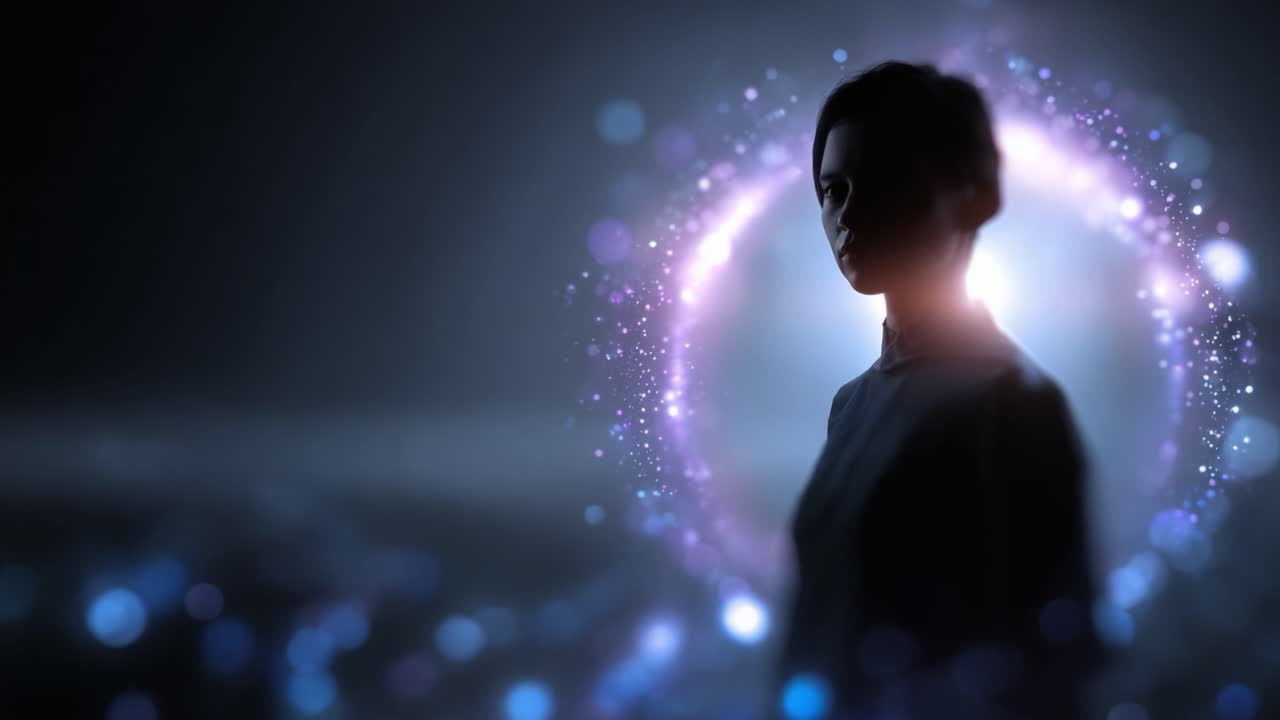 Una presenza mistica: esplorare le profondità di luci e ombre con una silhouette illuminata su uno sfondo cosmico di sfere abbaglianti ed energia eterea