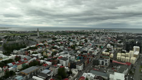 icelandic reykjavik capital cloudy day aerial shot over residential houses