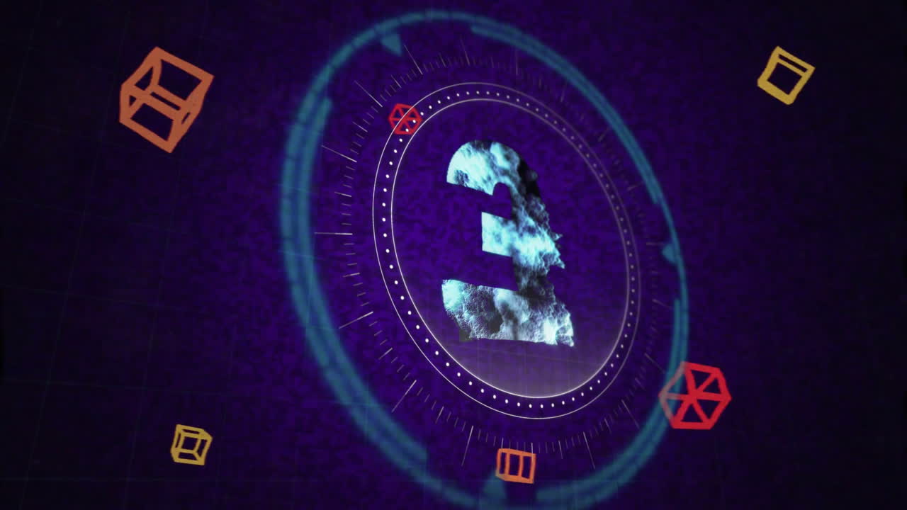 Rotating number 2 with geometric shapes and digital animation on purple background