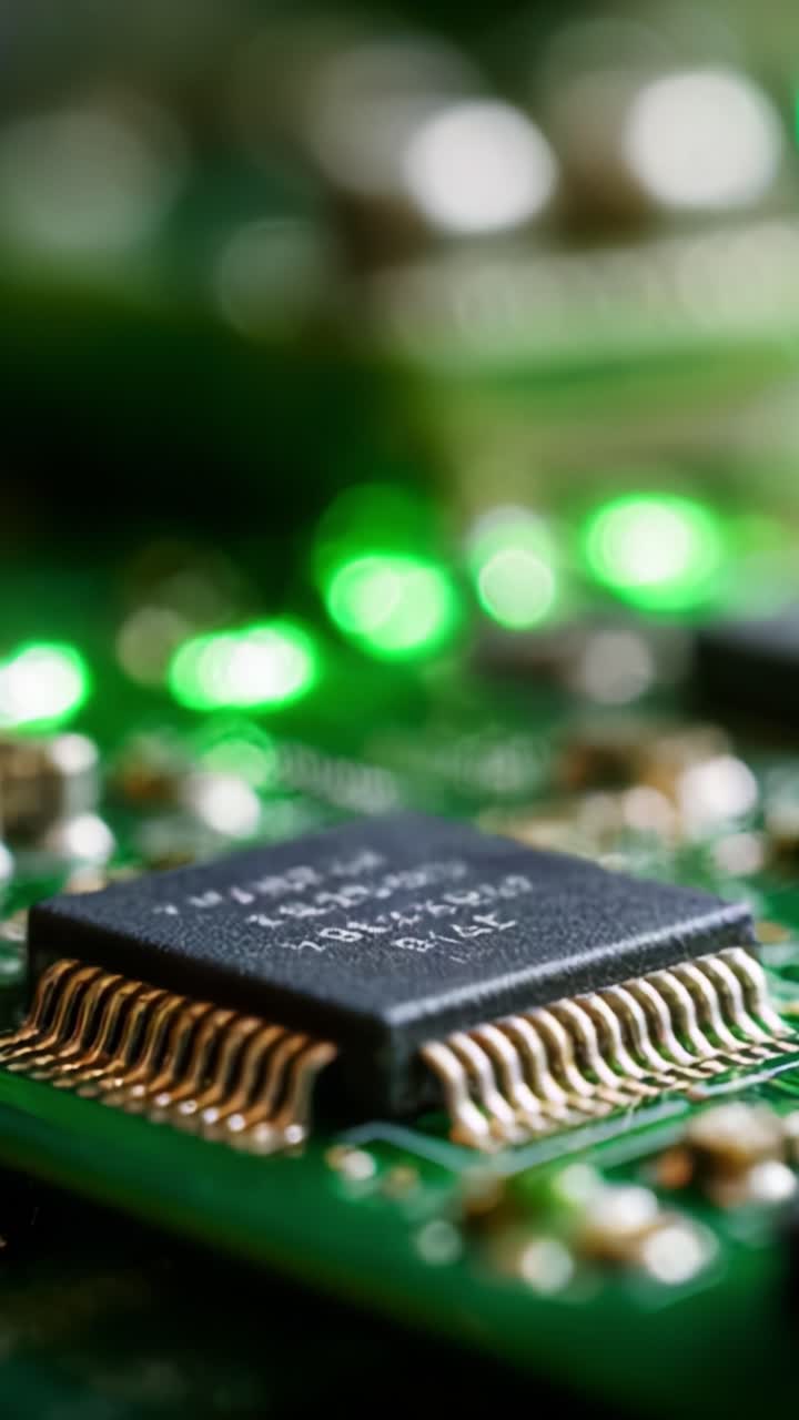 Close-Up View of Electronic Circuit Board Featuring Microchips with Green LEDs Illuminating Surroundings for Enhanced Visual Effect in Technology