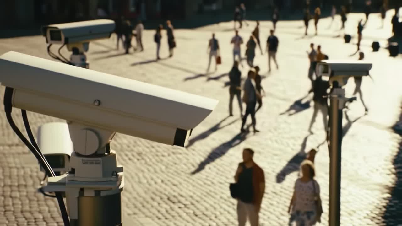 Surveillance Cameras Overlooking a Bustling Public Square with Pedestrians, Capturing Daily Life and Movement in Urban Environments during Golden Hour