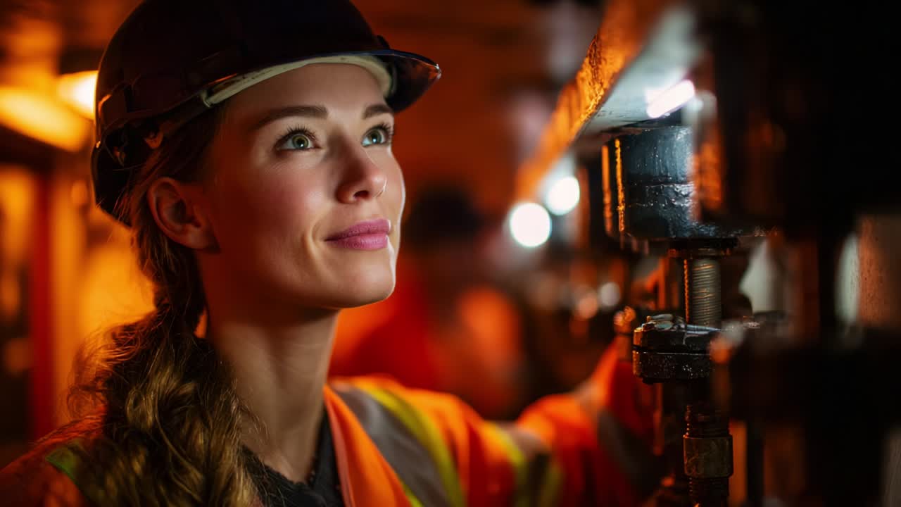 En dygtig kvindelig ingeniør er fordybet i sit arbejde i et svagt oplyst industrimiljø og viser sin dedikation og ekspertise, mens hun inspicerer de indviklede maskiner omkring sig.