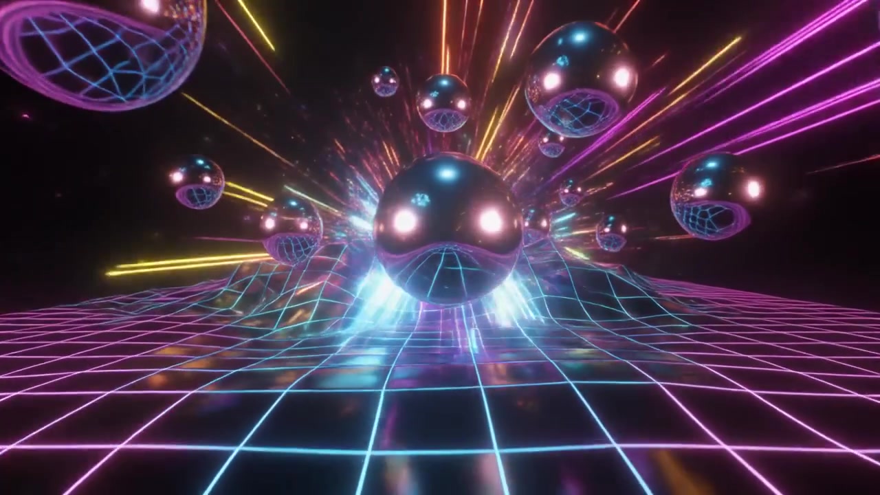 Paesaggio retro synthwave astratto con sfere cromate fluttuanti