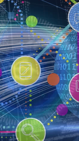 animación digital de múltiples iconos digitales flotando contra la codificación binaria en el globo