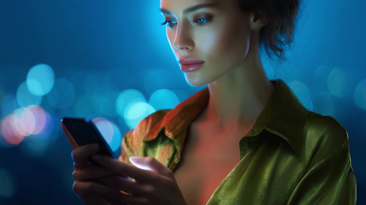 Una donna con pelle radiosa e un'espressione accattivante, assorta nel suo smartphone, illuminata da uno sfondo blu vibrante, che mostra la moderna comunicazione digitale.