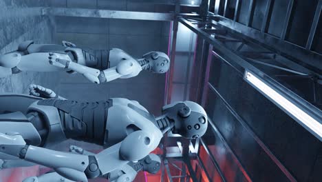 fábrica vertical de inteligencia artificial de robots humanoides que mueven su cabeza de un lado a otro desarrollo futurista animación de renderización 3d concepto iot ai
