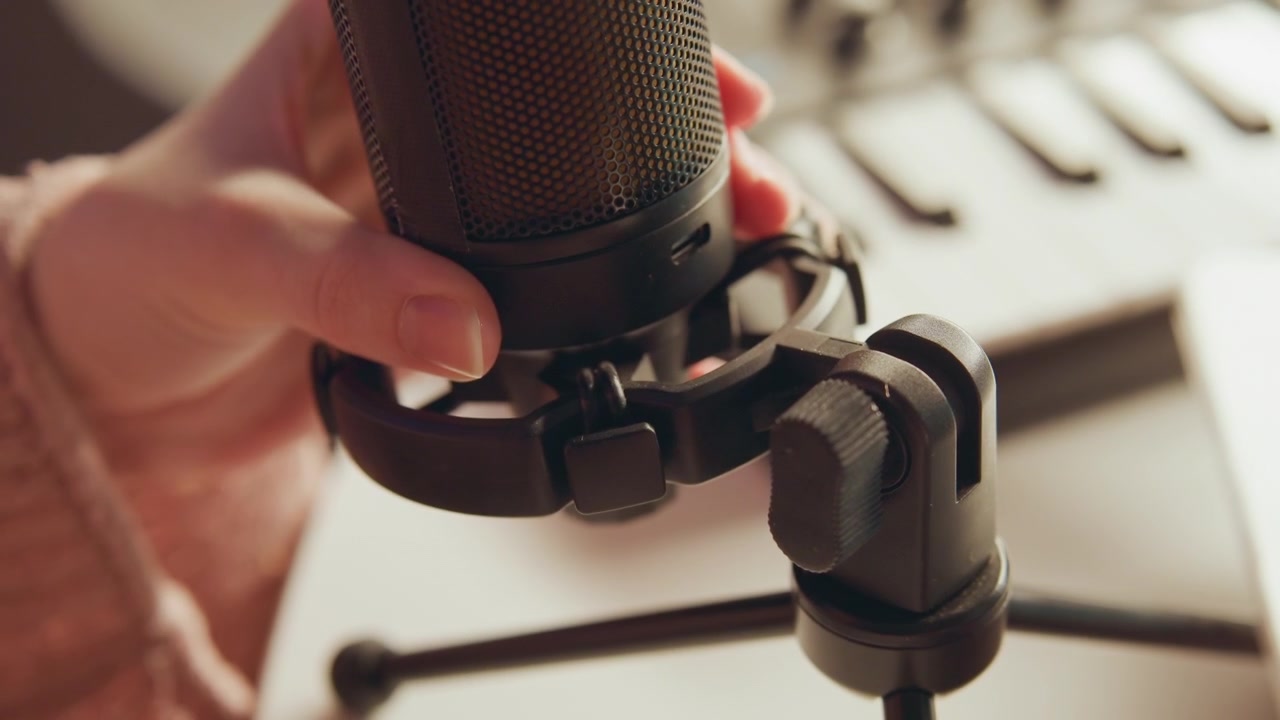 Close-up shows hands twisting condenser microphone in rubber shock mount, with visible adjustment and careful setup in softly lit studio scene, highlighting audio equipment detail and tactile movement