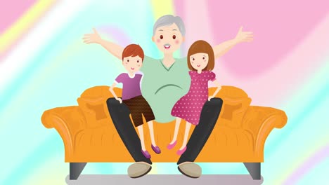 animation of illustration of happy grandfather with grandchildren on knee, over abstract background