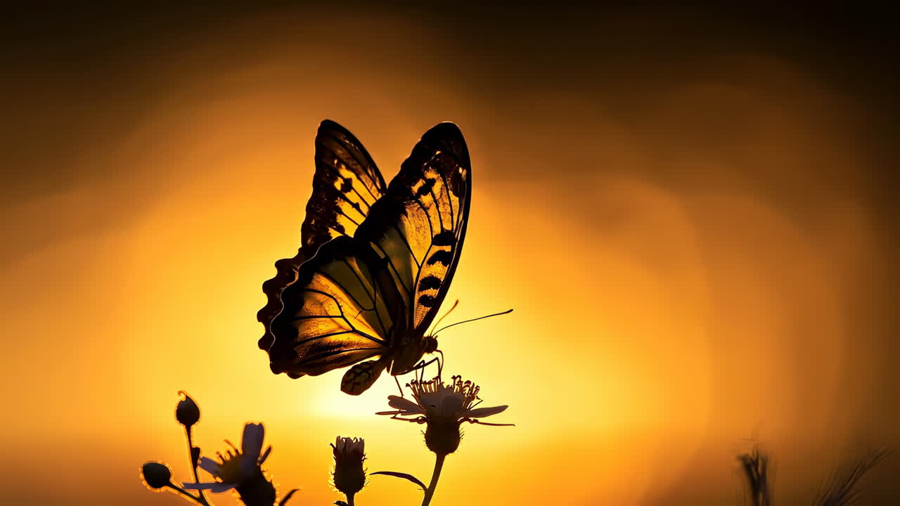 Una farfalla appoggiata su un fiore al tramonto. Una farfalla è appollaiata su un fiore con un caldo sfondo di tramonto, creando una serena scena naturale nella luce della sera.