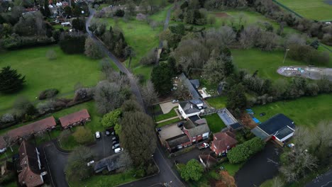aerial above suburban town of harlow in essex, uk with green landscapes and historic landmarks