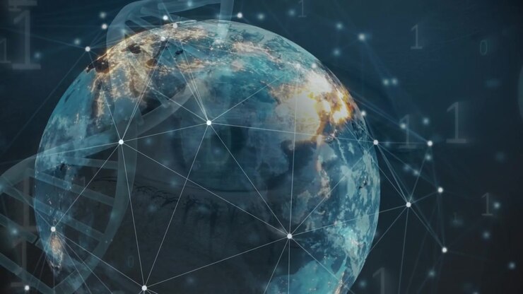 Animation of network of connections with icons over globe and data processing