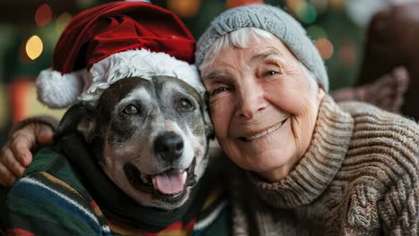 elderly woman wearing santa hat cheerfully petting loving dog while sitting in cozy armchair near glowing christmas tree, radiating warmth and holiday happiness