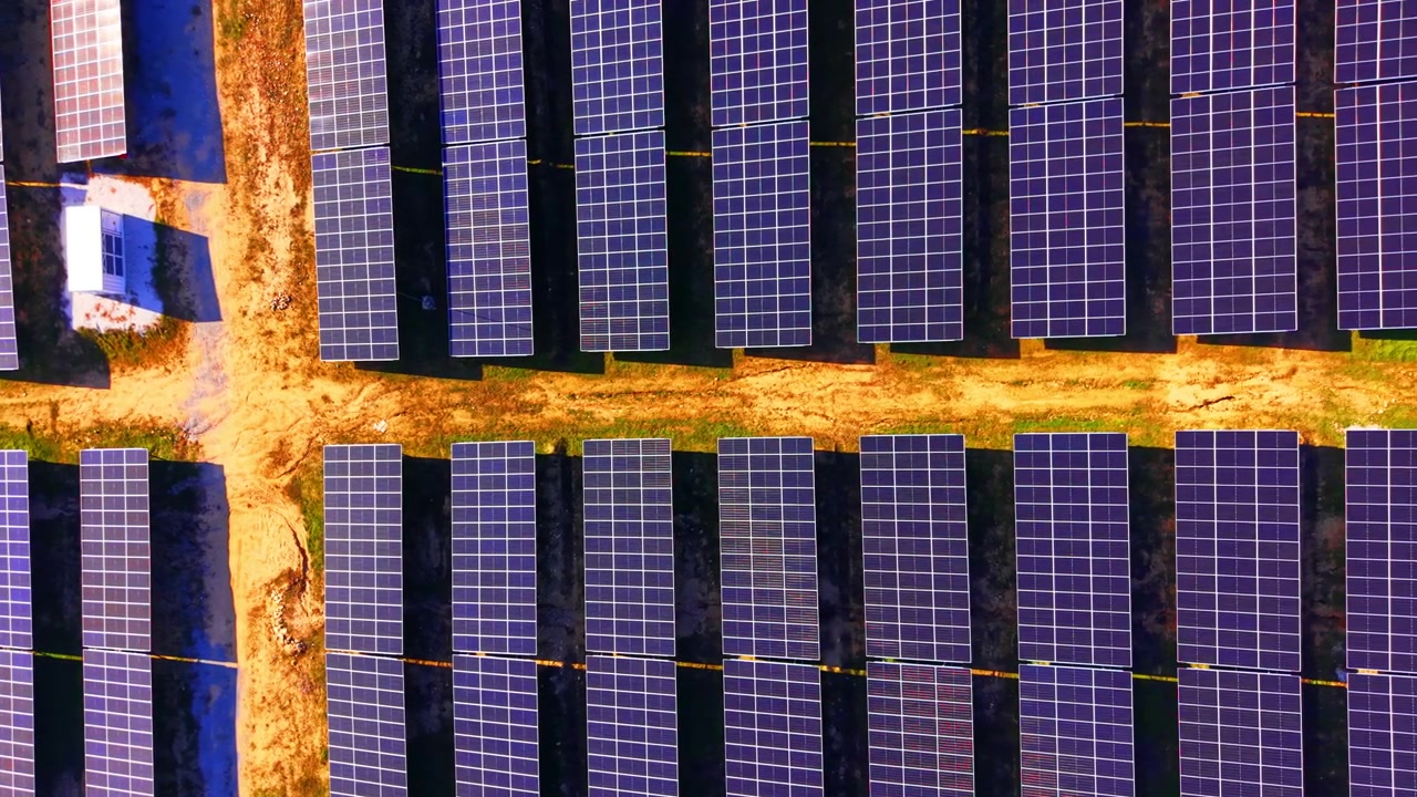 Moduli solari sopraelevati all'incrocio di percorsi di servizio. Vista aerea di pannelli fotovoltaici blu attorno a un incrocio dai toni della terra con una piccola struttura bianca.