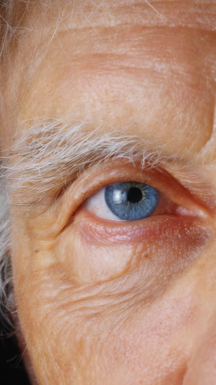 Primo piano di un occhio di persona anziana che mostra caratteristiche uniche come rughe, colore dell'iride e texture, evidenziando la saggezza e le esperienze di vita catturate nel dettaglio