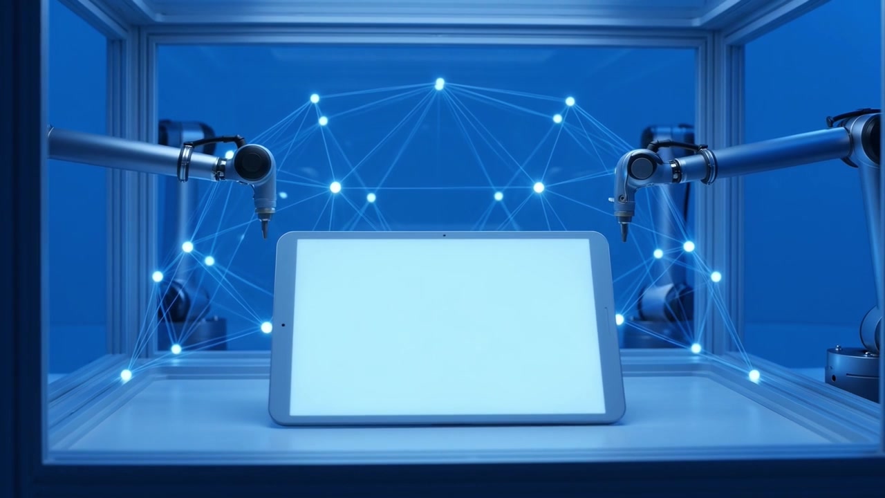 Robotarme med digital tablet i højteknologisk laboratorium