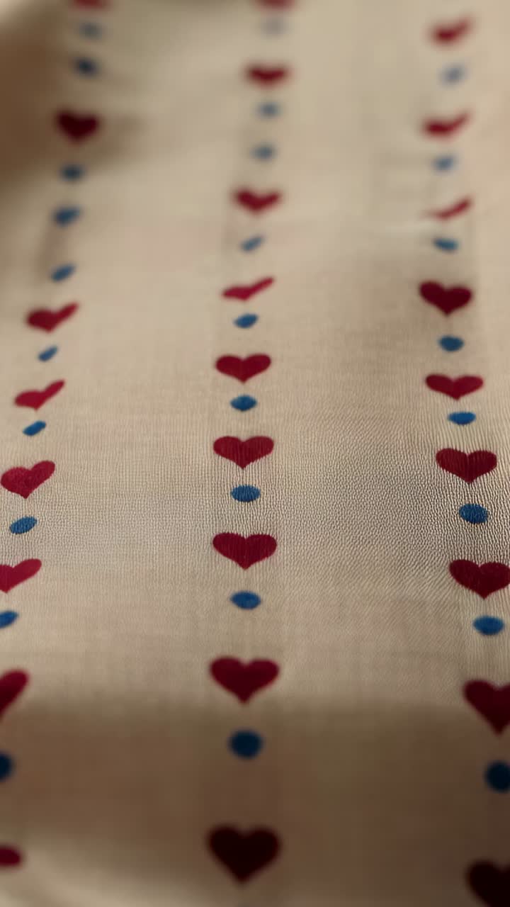Vertical video: Moving phone camera zooming toward textile at table revealing red hearts, blue dots