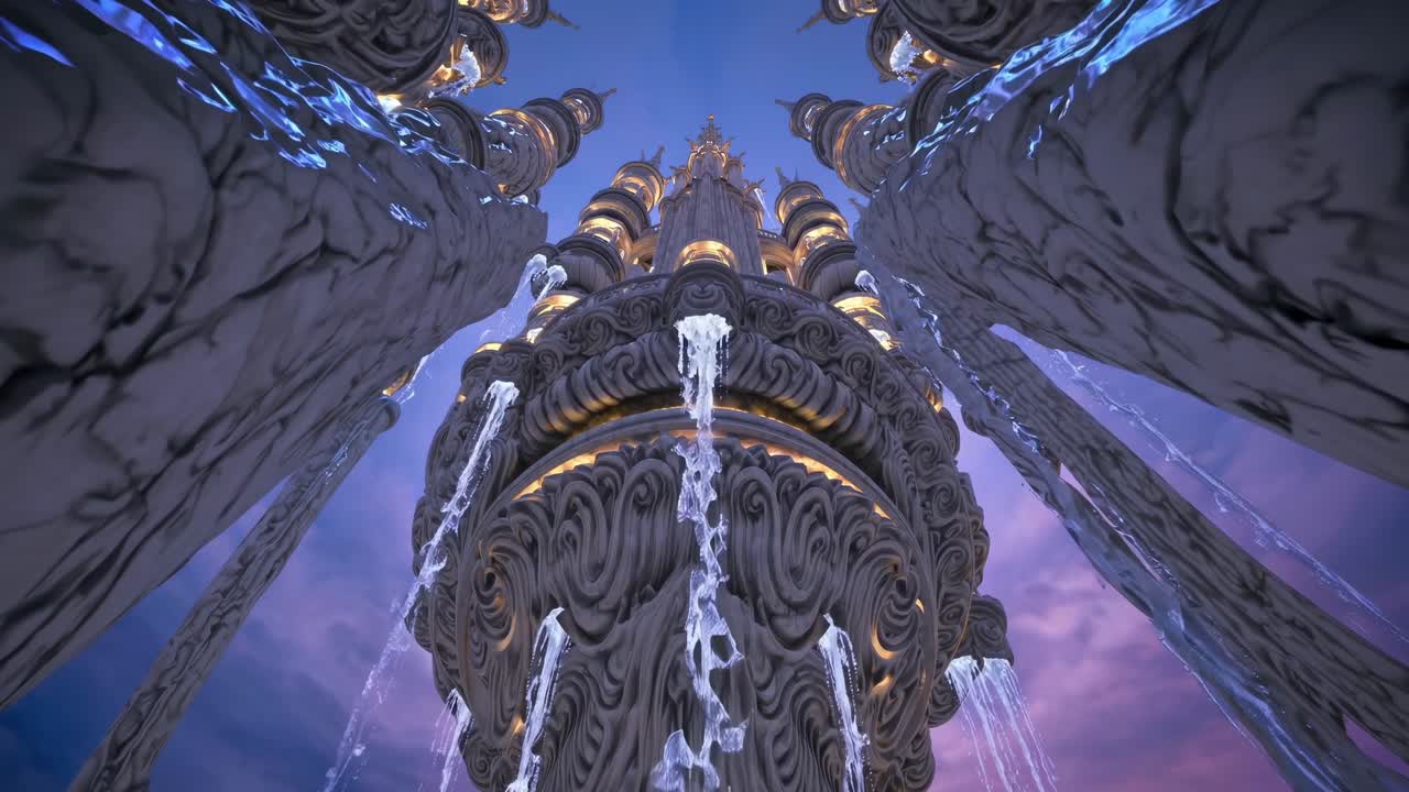 Elaborate and ornate fantasy tower structure with cascading waterfalls seen from below against a clear blue sky