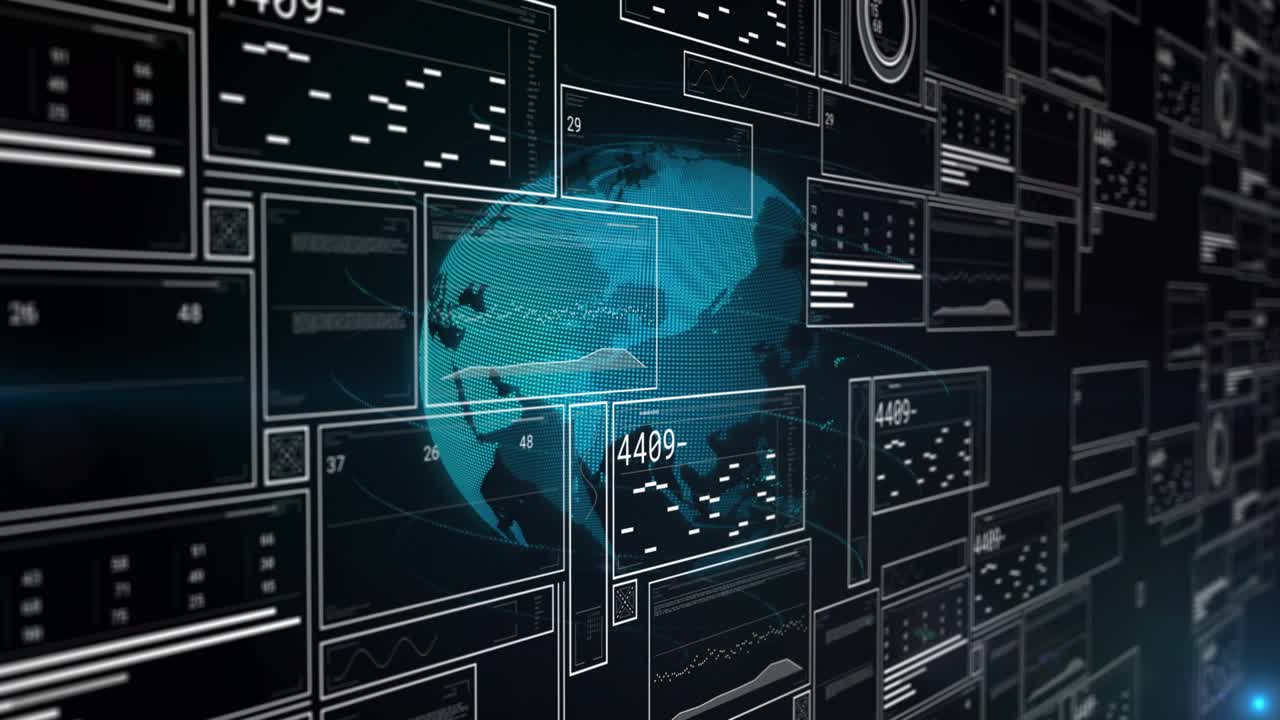 On data refresh teal dotted globe shifting right while panels sliding, updating charts and numbers