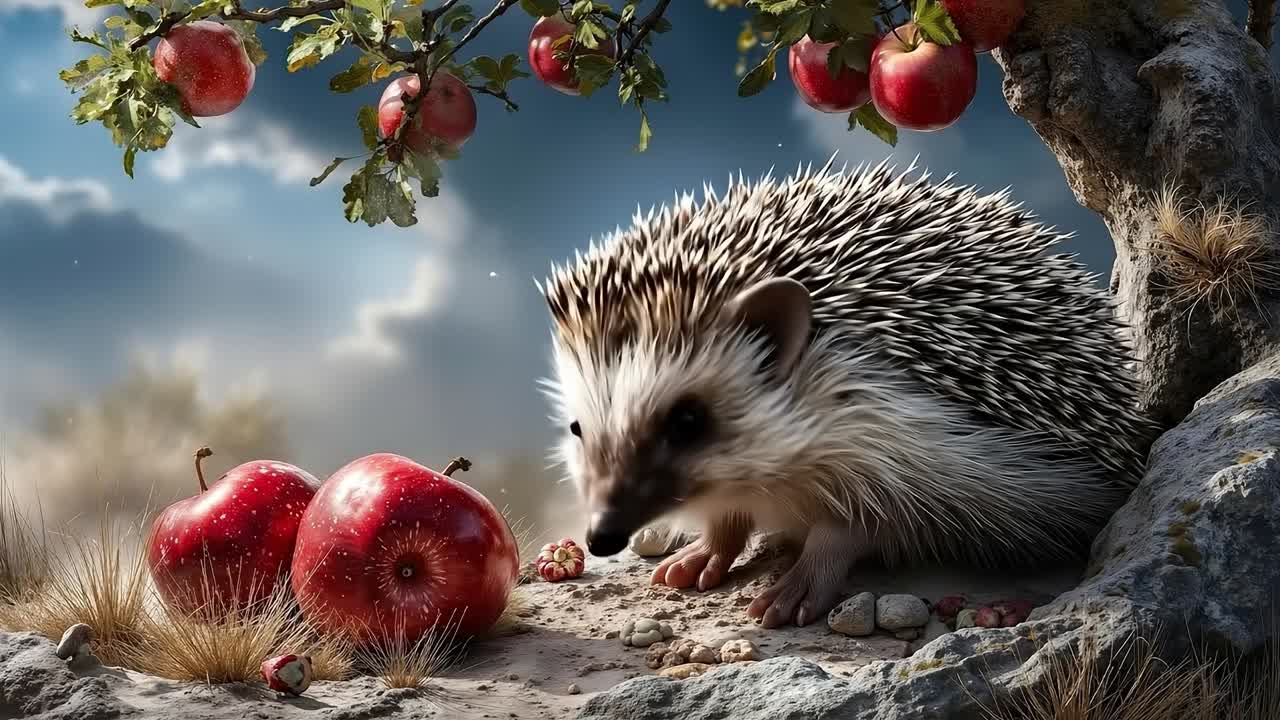 Ein Igel, der unter einem Baum mit bewölktem Himmel im Hintergrund Äpfel isst