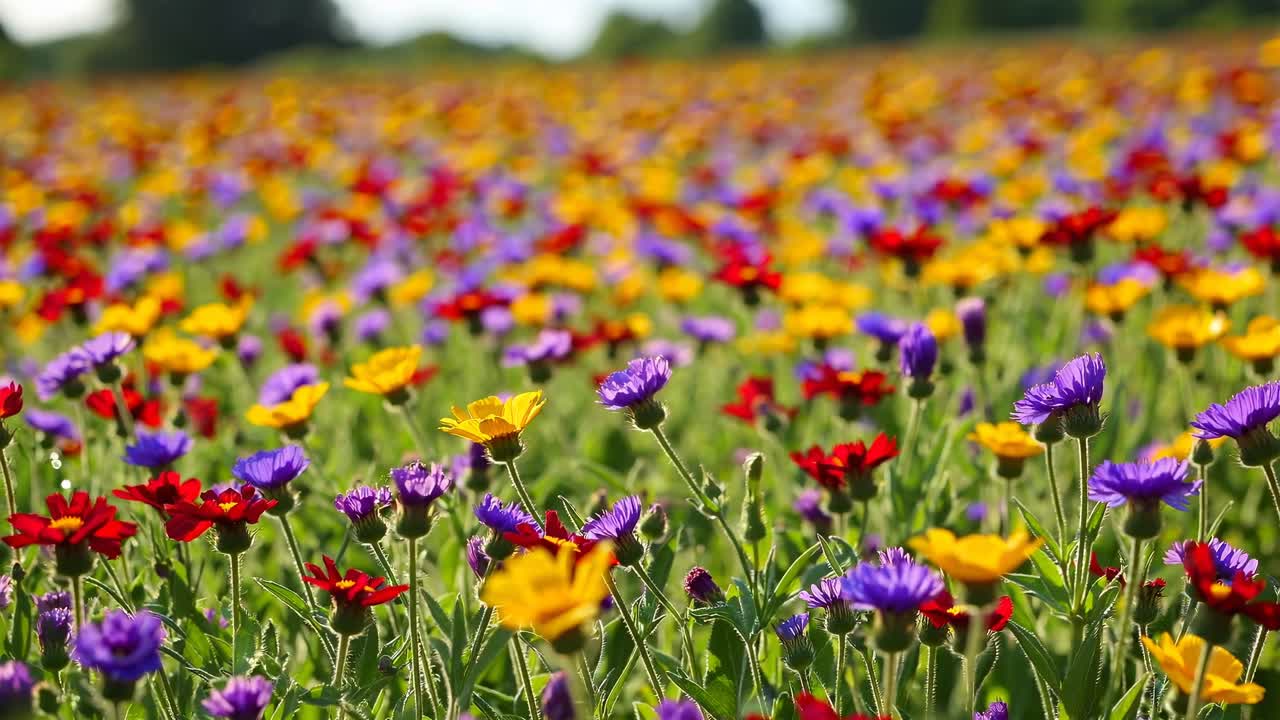 Campo vibrante de flores silvestres coloridas capturadas em uma foto em ângulo baixo, criando uma atmosfera animada e imersiva