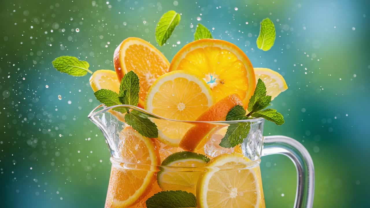 Refreshing Citrus Beverage with Mint: A Vibrant Display of Oranges, Lemons, and Limes in a Pitcher Capturing the Essence of Summer Hydration and Natural Flavors