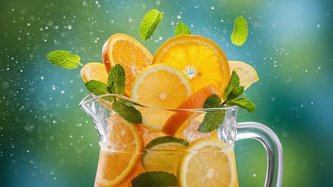refreshing citrus beverage with mint: a vibrant display of oranges, lemons, and limes in a pitcher capturing the essence of summer hydration and natural flavors