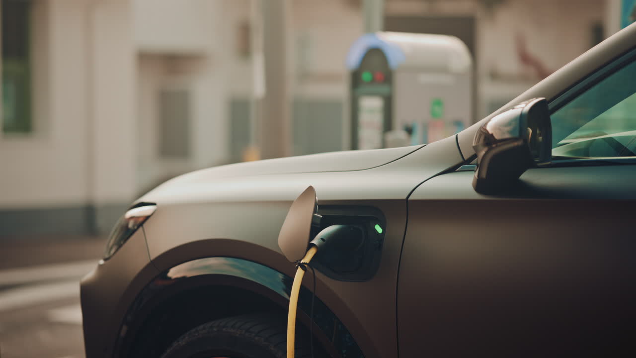 Close up of an electric vehicle plugged into a charging station