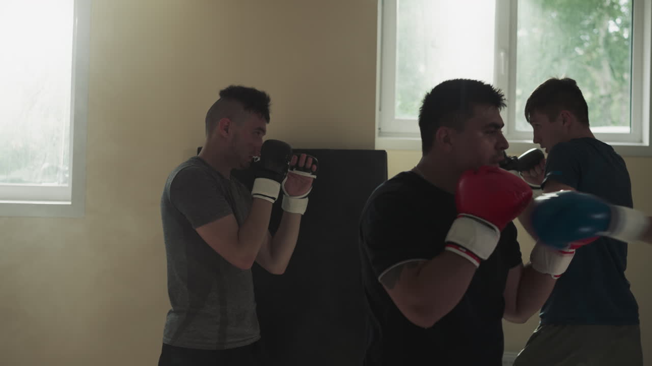 프로 권투 선수들은 스포츠 체육관에서 훈련을 받으며, 젊은 권투 선수는 권투 장갑을 입고, 전투 클럽에서 스파링을 하며, 느린 동작, 강인한 남성들의 취미를 연습한다.