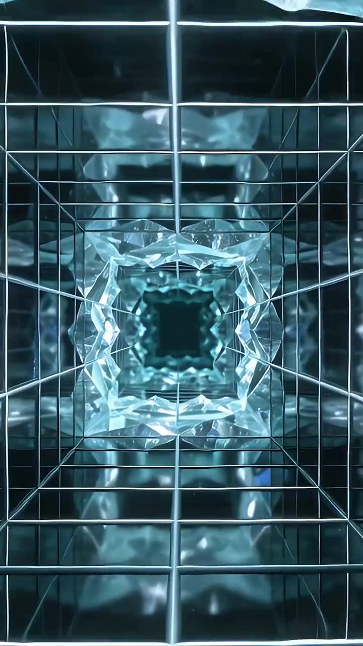 Vertical video: Pulsing teal light driving grid tunnel deeper in mirror room for crystal highlights