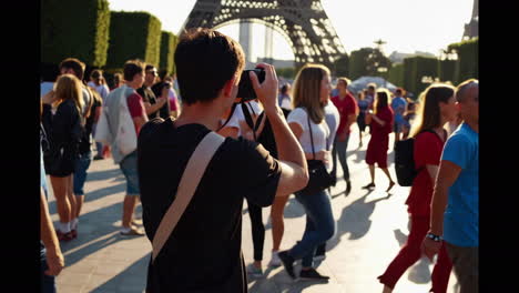 tourists taking pictures at the eiffel tower