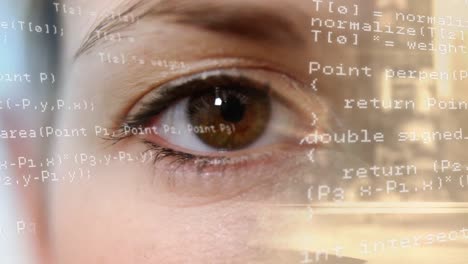 animation of data processing over eye of caucasian woman