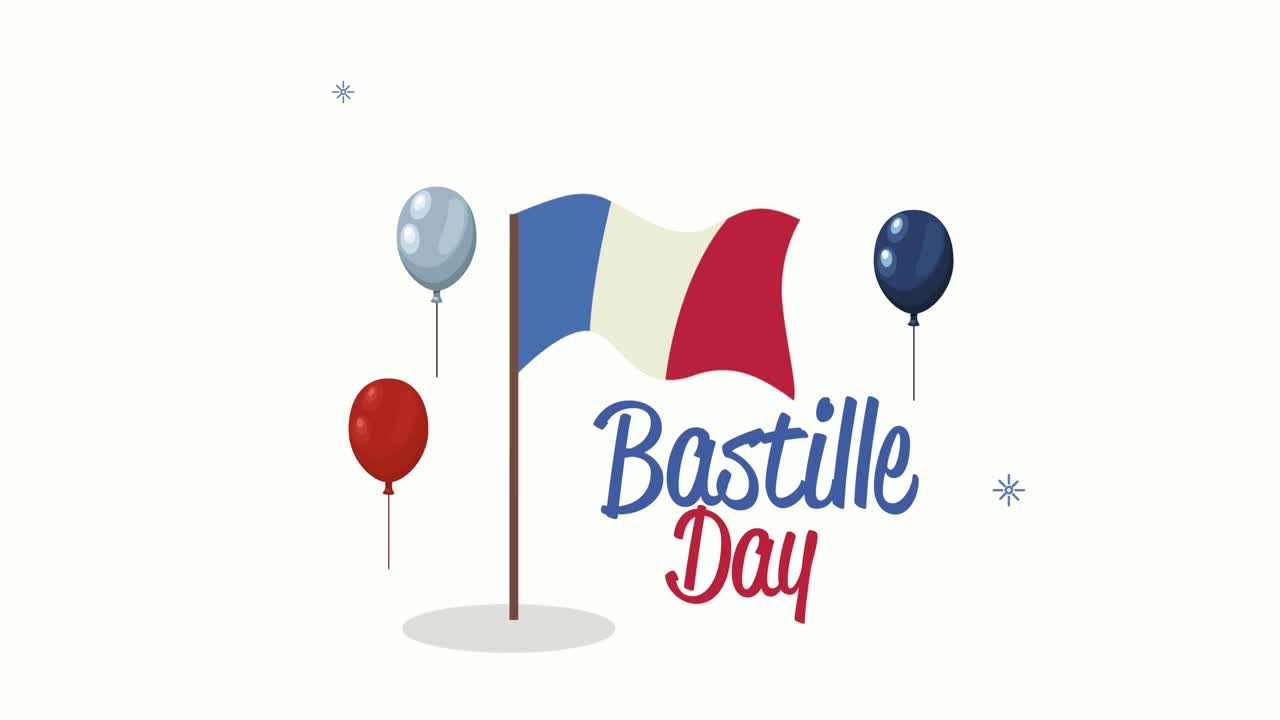 Tekst: Gratulerer med Bastilledagen, med flagg som vaier og heliumballonger.