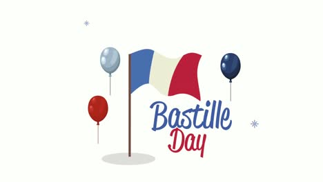 happy bastille day lettering with flag waving and balloons helium