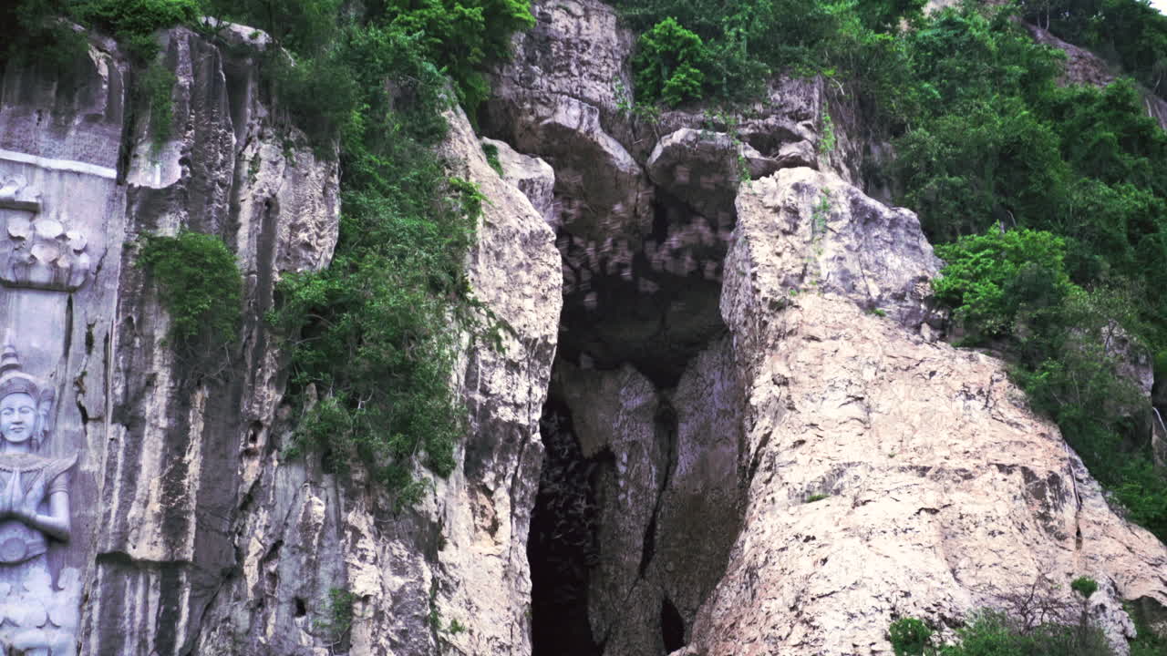 Hundreds of bats exit a narrow limestone cave opening in Laos at dusk, swarming upward