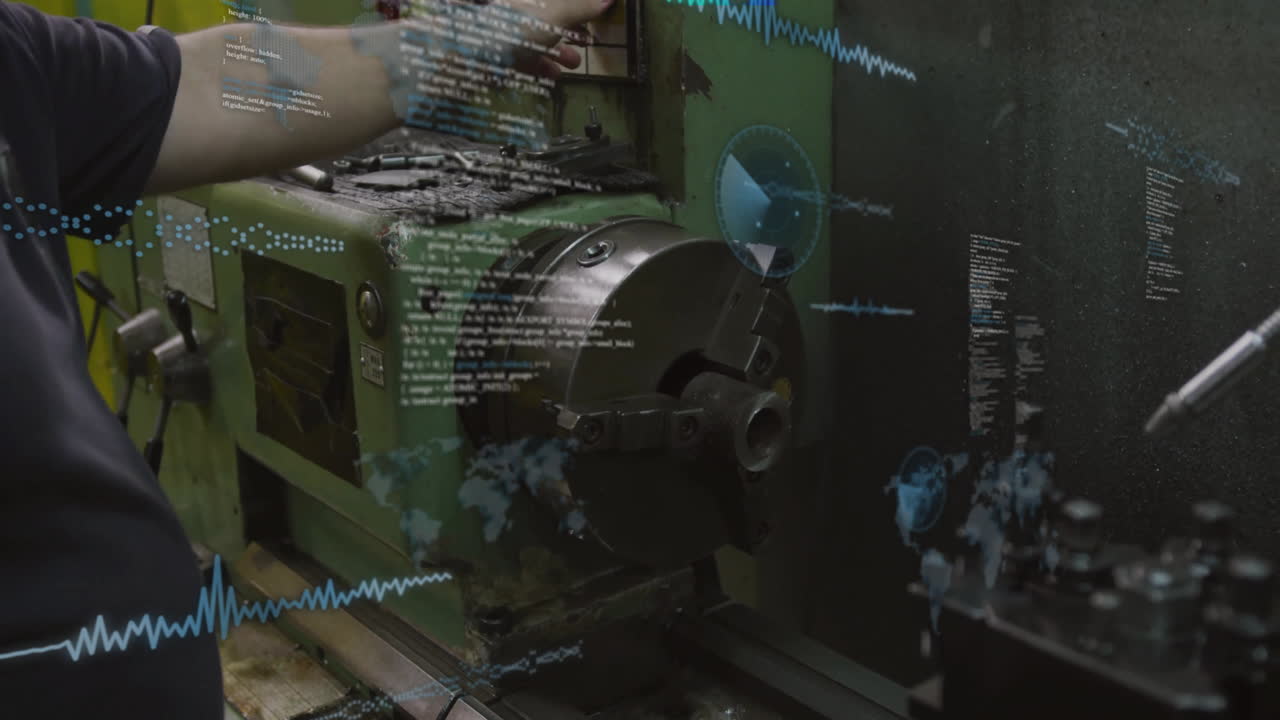 Male technician adjusting lathe controls in workshop, overlaying holographic code, world-map icons