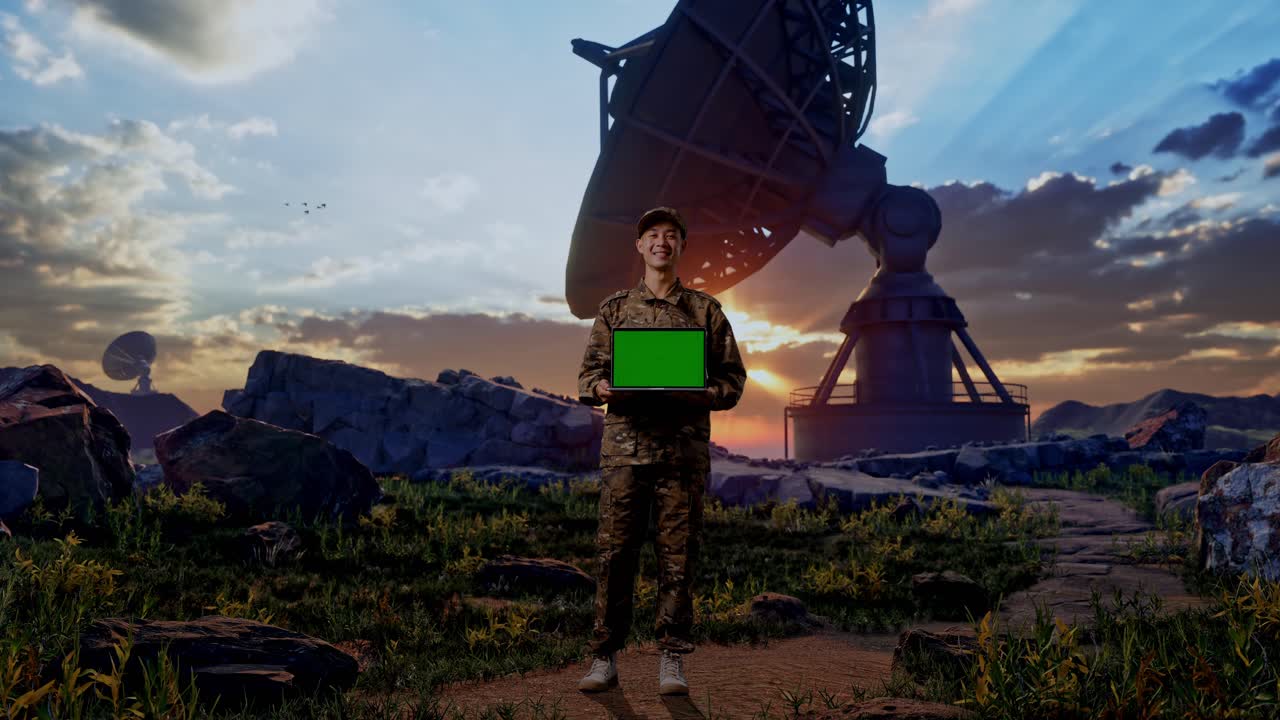 Full Body Of Asian Man Soldier Smiling And Showing Green Screen Laptop To The Camera While Standing With Satellite Dish