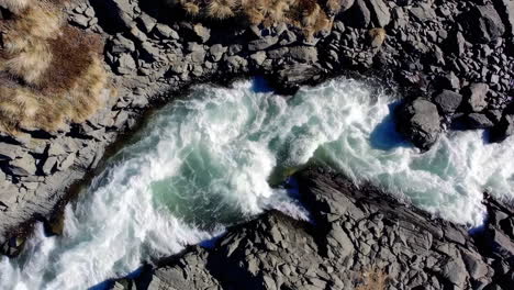 aerial view of river rapids in a rocky landscape