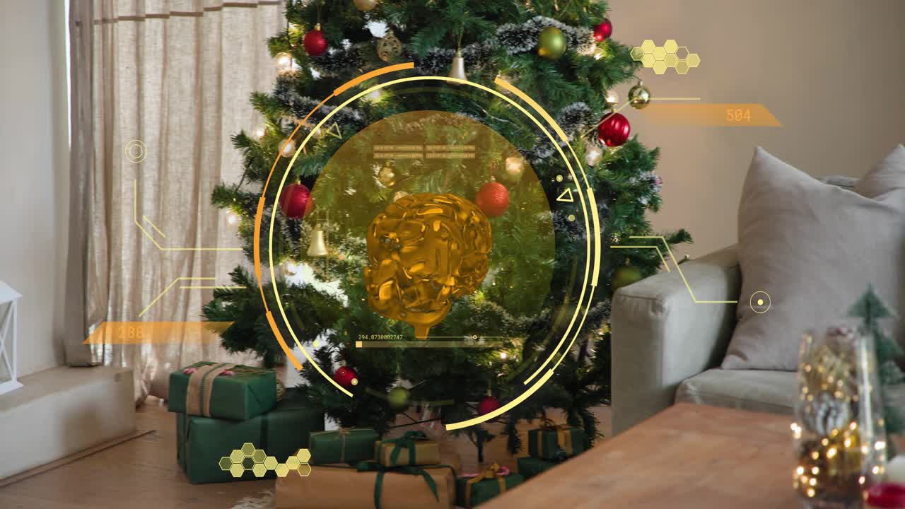 HUD fading in golden brain pulsing rings rotating widgets updating showing data over Christmas tree