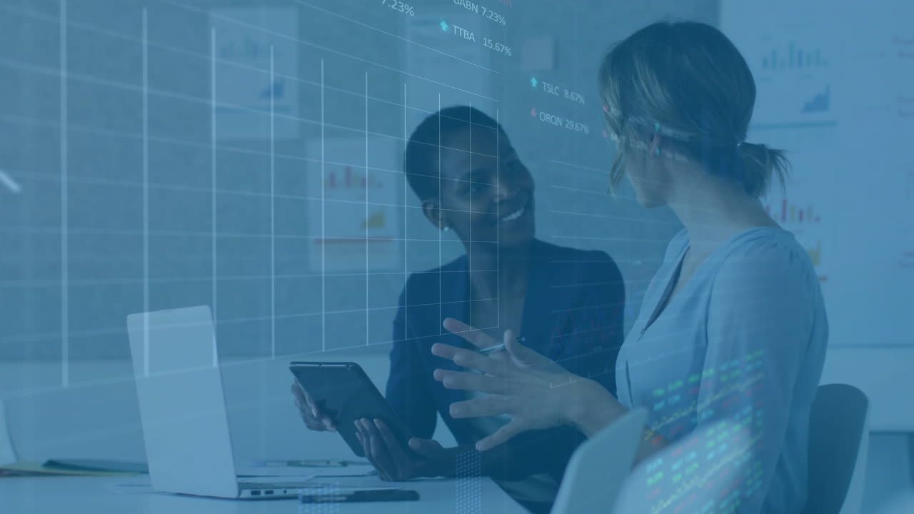 Discussing financial data, businesswomen with graphs and charts in office animation
