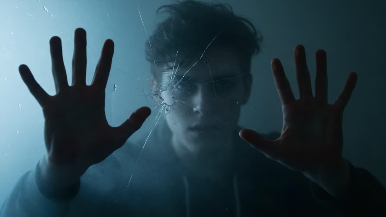 A solitary figure presses against a shattered glass, conveying a sense of isolation and longing, as a misty aura surrounds him, blurring the line between reality and perception