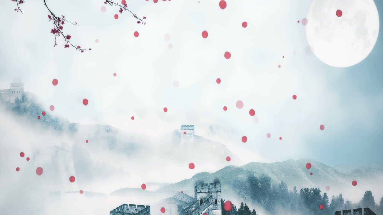 Great Wall of China at Night with Red Circles and Plum Blossoms