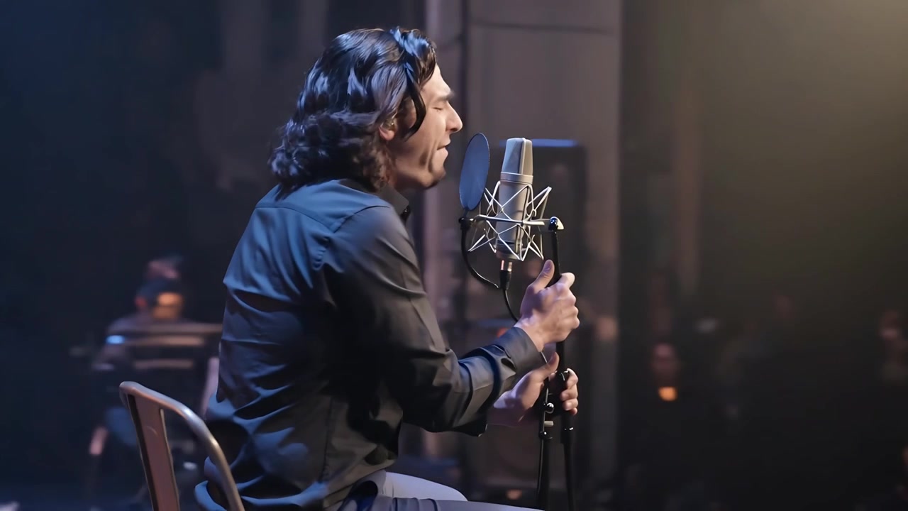 Faro che illumina un cantante seduto che afferra il microfono da studio su un piccolo palco, cantando per la folla in camicia nera.